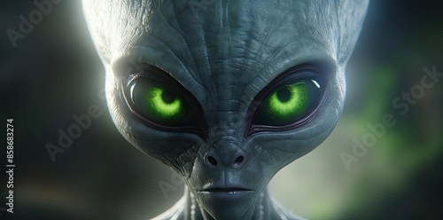 alien background with green eyes and a gray face, featuring a black nose and mouth