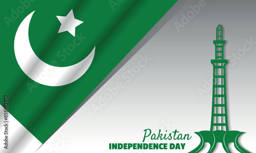 Independence Day of Pakistan poster with pakistan flag and tower