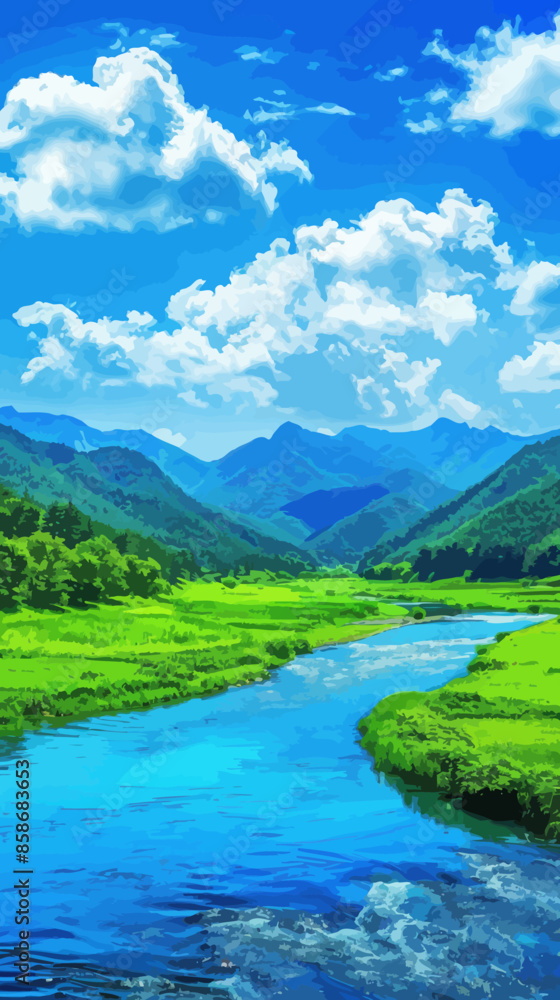 Fototapeta premium Serene Mountain Valley with a Blue River and Fluffy Clouds