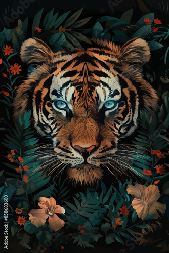 Vivid Tiger Portrait with Surrounding Flora and Fauna