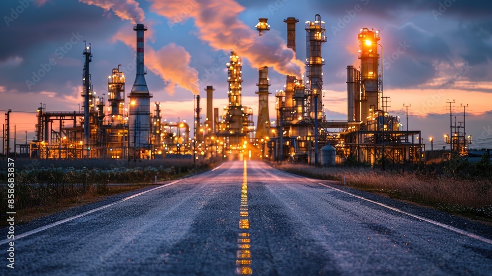 Industrial factory in the sky with steam chimneys releasing smoke into the air, pollution and industrial impact image Industrial factory in the sky with steam chimneys releasing smoke into the air, pollution and industrial impact image