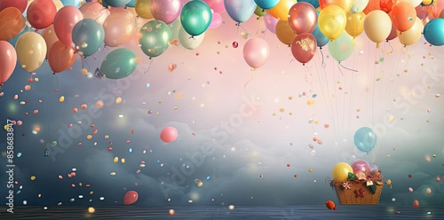 background celebrate with balloons of various colors and shapes, including pink, blue, green, yellow, and orange, as well as a basket filled with balloons of various sizes and colors