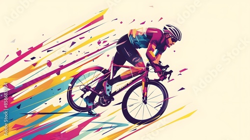 cycling tour, track, bicycle, geometric, cyclist stylized vector. Bicycle accident sign. A Young man is cycling a bicycle. Sports activity.  © Ziyan