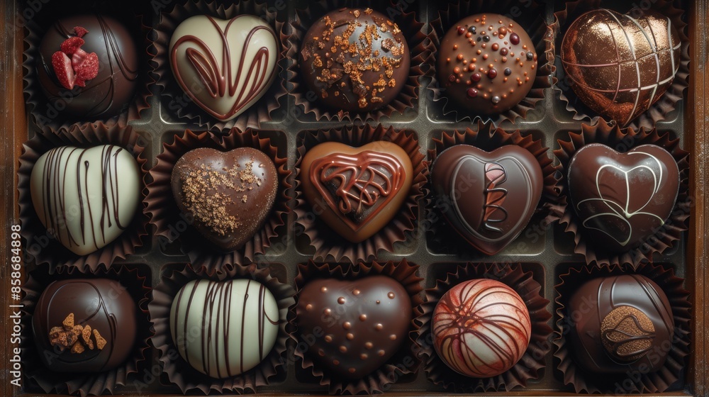 Assorted heart-shaped gourmet chocolates in a box, close-up view. Confectionery and sweet treats concept Assorted heart-shaped gourmet chocolates in a box, close-up view. Confectionery and sweet treats concept