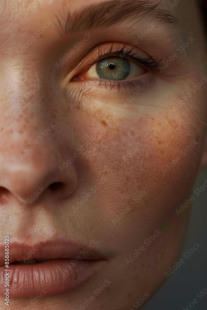 Detailed Close-Up Photo of a Middle-aged Woman in Her 40s with Glowing, Healthy Skin, Without Makeup Detailed Close-Up Photo of a Middle-aged Woman in Her 40s with Glowing, Healthy Skin, Without Makeup