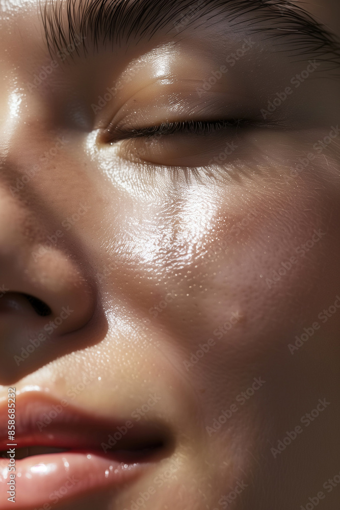 Detailed Close-Up of a Young Woman in Her 30s with Glowing, Healthy Skin, Without Makeup Detailed Close-Up of a Young Woman in Her 30s with Glowing, Healthy Skin, Without Makeup