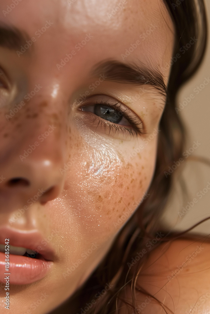 Detailed Close-Up of a Young Woman in Her 30s with Glowing, Healthy Skin, Without Makeup Detailed Close-Up of a Young Woman in Her 30s with Glowing, Healthy Skin, Without Makeup