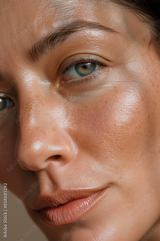 Detailed Close-Up Photo of a Middle-aged Woman in Her 40s with Glowing, Healthy Skin, Without Makeup Detailed Close-Up Photo of a Middle-aged Woman in Her 40s with Glowing, Healthy Skin, Without Makeup