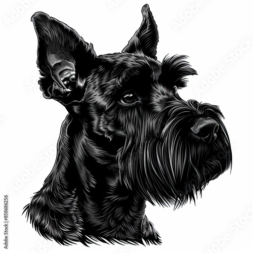 A black and white drawing of a Miniature Schnauzer dog