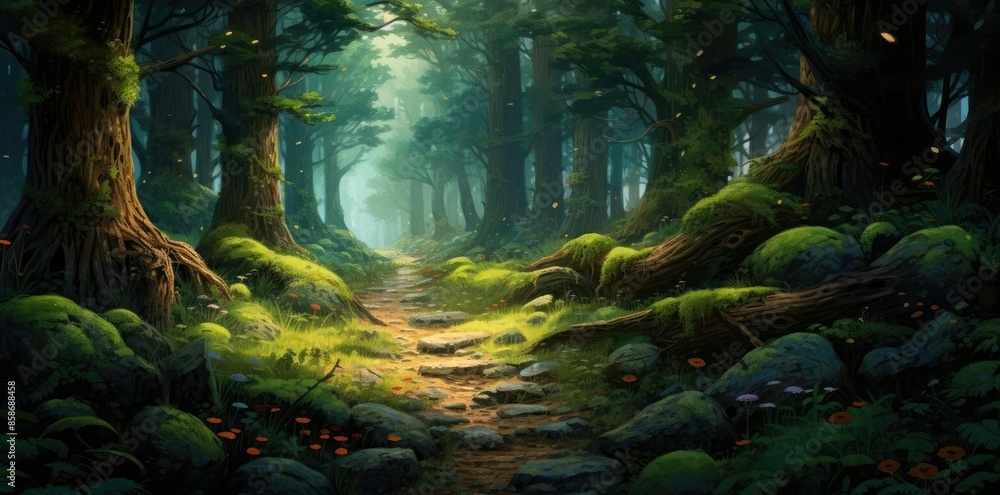 fantasy forest background featuring a dirt path surrounded by lush green and brown trees, with a large gray rock in the foreground fantasy forest background featuring a dirt path surrounded by lush green and brown trees, with a large gray rock in the foreground