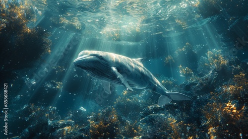 Whale Swimming Through Sunbeams