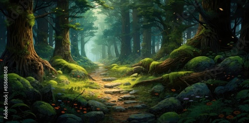 fantasy forest background featuring a dirt path surrounded by lush green and brown trees, with a large gray rock in the foreground © Siasart Studio