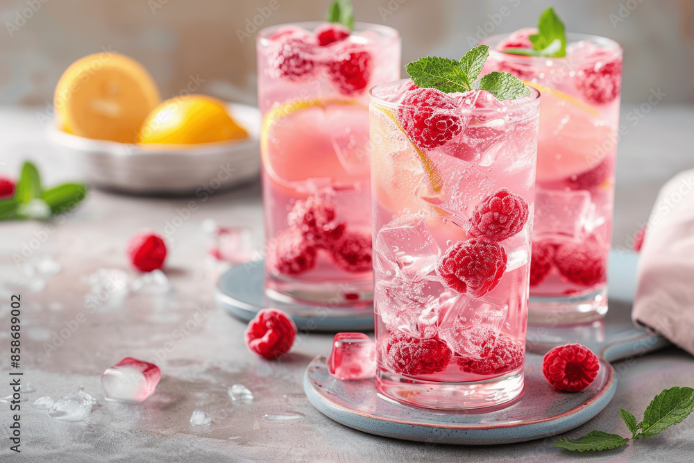 Refreshing Raspberry Lemonade with Ice in Tall Glasses Refreshing Raspberry Lemonade with Ice in Tall Glasses