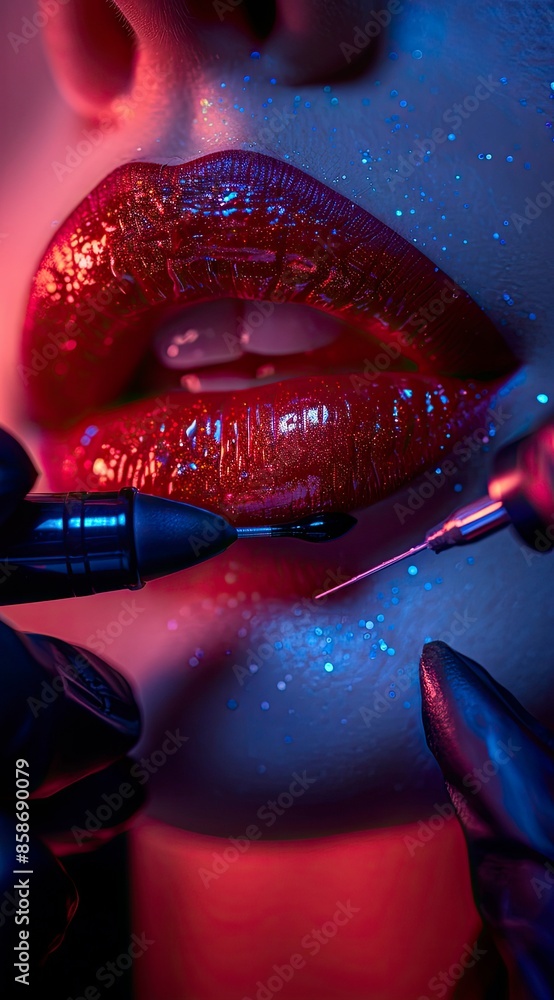 Close up of hands in black gloves drawing red lips tattoo on a woman's face, in a dark pink and purple atmosphere, macro photography of a tattoo machine - generative ai Close up of hands in black gloves drawing red lips tattoo on a woman's face, in a dark pink and purple atmosphere, macro photography of a tattoo machine - generative ai