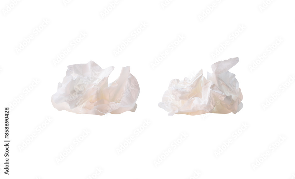 Front view set of screwed or crumpled tissue paper balls isolated on white background with clipping path Front view set of screwed or crumpled tissue paper balls isolated on white background with clipping path