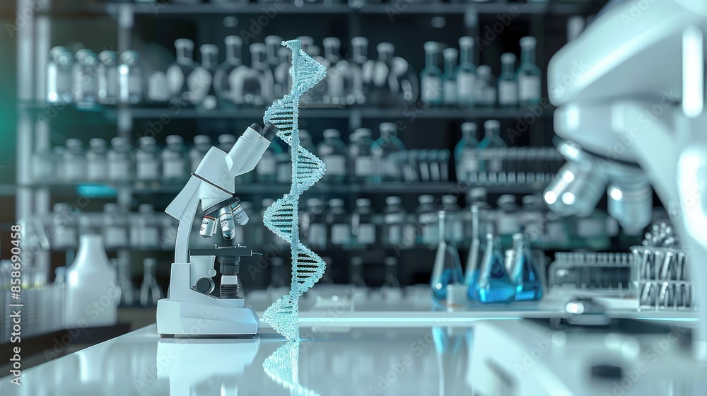 Modern Laboratory with DNA Strand and Microscope Modern Laboratory with DNA Strand and Microscope