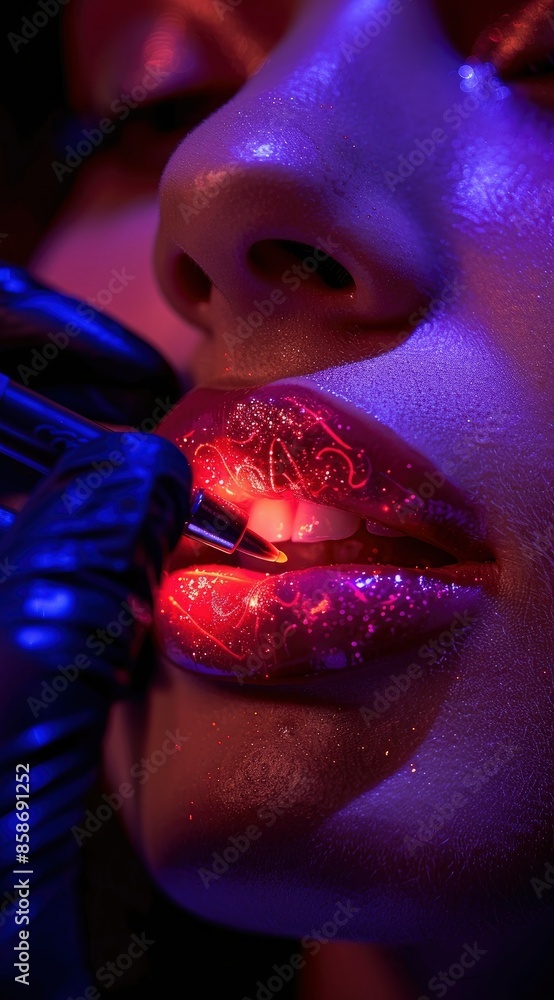 Close up of hands in black gloves drawing red lips tattoo on a woman's face, in a dark pink and purple atmosphere, macro photography of a tattoo machine - generative ai Close up of hands in black gloves drawing red lips tattoo on a woman's face, in a dark pink and purple atmosphere, macro photography of a tattoo machine - generative ai