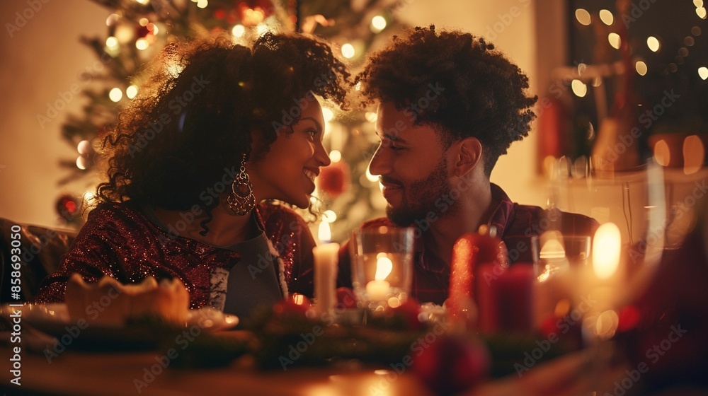 Intimate Portrait of a Young Couple Enjoying Christmas Dinner by Candlelight, Embellished by the Warm Glow of Festive Lights Intimate Portrait of a Young Couple Enjoying Christmas Dinner by Candlelight, Embellished by the Warm Glow of Festive Lights