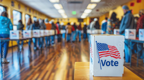 Patriotic Americans Voting at Polling Station on Election Day Inside School Classroom, Wide Angle View, Blurred Background