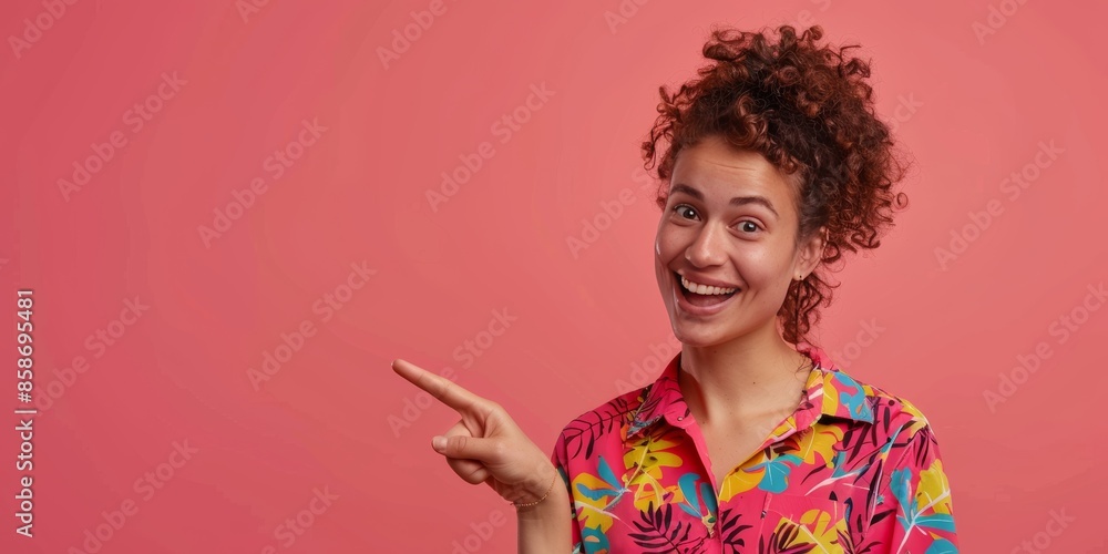 Woman Joyfully Pointing at Copy Space A joyful woman in a studio pointing aside clean background Woman Joyfully Pointing at Copy Space A joyful woman in a studio pointing aside clean background