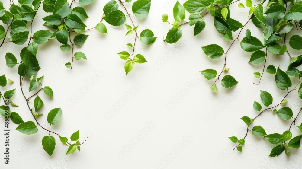Obraz premium Fresh green leaves border on white background with retro tones