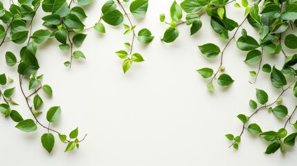 Fresh green leaves border on white background with retro tones