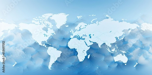 world background with white clouds and blue sky, featuring a map of the world