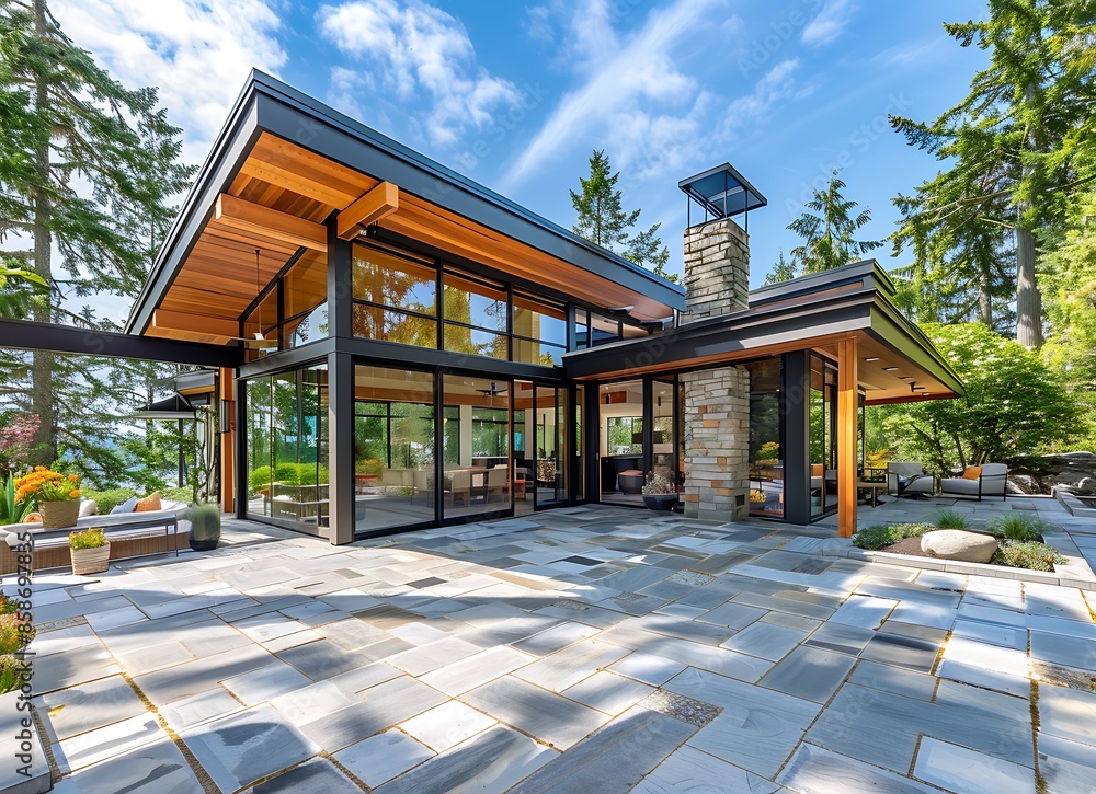 Beautiful modern home exterior with large glass windows and sliding doors, front view of the house Beautiful modern home exterior with large glass windows and sliding doors, front view of the house