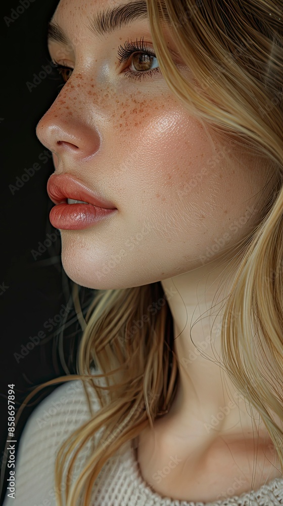 Close up of a woman's face, shown in side profile view, displaying her tongue and lips. Her skin has a very pinkish color with a light brown skin tone. The skin texture is smooth - generative ai Close up of a woman's face, shown in side profile view, displaying her tongue and lips. Her skin has a very pinkish color with a light brown skin tone. The skin texture is smooth - generative ai