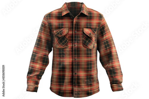 Classic red and black plaid flannel shirt with long sleeves, button-up front, and chest pockets, perfect for casual or outdoor wear. photo