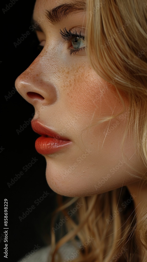 Close up of a woman's face, shown in side profile view, displaying her tongue and lips. Her skin has a very pinkish color with a light brown skin tone. The skin texture is smooth - generative ai Close up of a woman's face, shown in side profile view, displaying her tongue and lips. Her skin has a very pinkish color with a light brown skin tone. The skin texture is smooth - generative ai