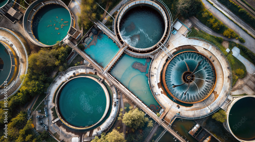 Aerial view water treatment plant tanks making dirty liquid drinkable safe healthy Aerial view water treatment plant tanks making dirty liquid drinkable safe healthy