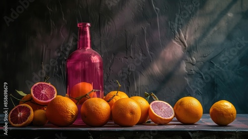 Pink glass bottle and many oranges against a dark backdrop photo