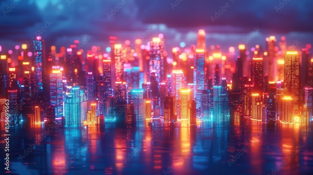 Vibrant cityscape at dusk with illuminated buildings Vibrant cityscape at dusk with illuminated buildings