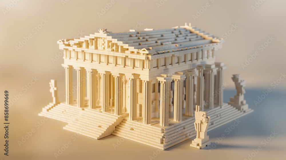 Obraz premium A detailed Parthenon model from white bricks. Showcases iconic architecture and columns, bringing a classic monument to life.