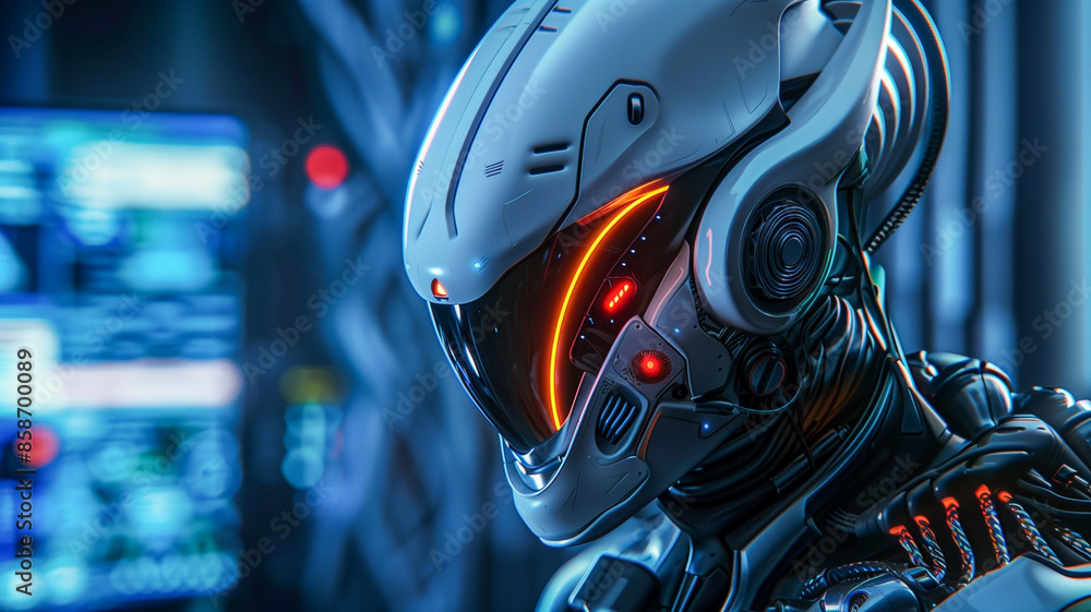 A robot’s head displays intricate design and glowing elements, showcasing modern robotics and technology’s progression A robot’s head displays intricate design and glowing elements, showcasing modern robotics and technology’s progression