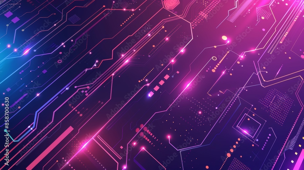 Fototapeta premium Abstract cyberpunk background with glowing pink and blue lines on a dark surface.