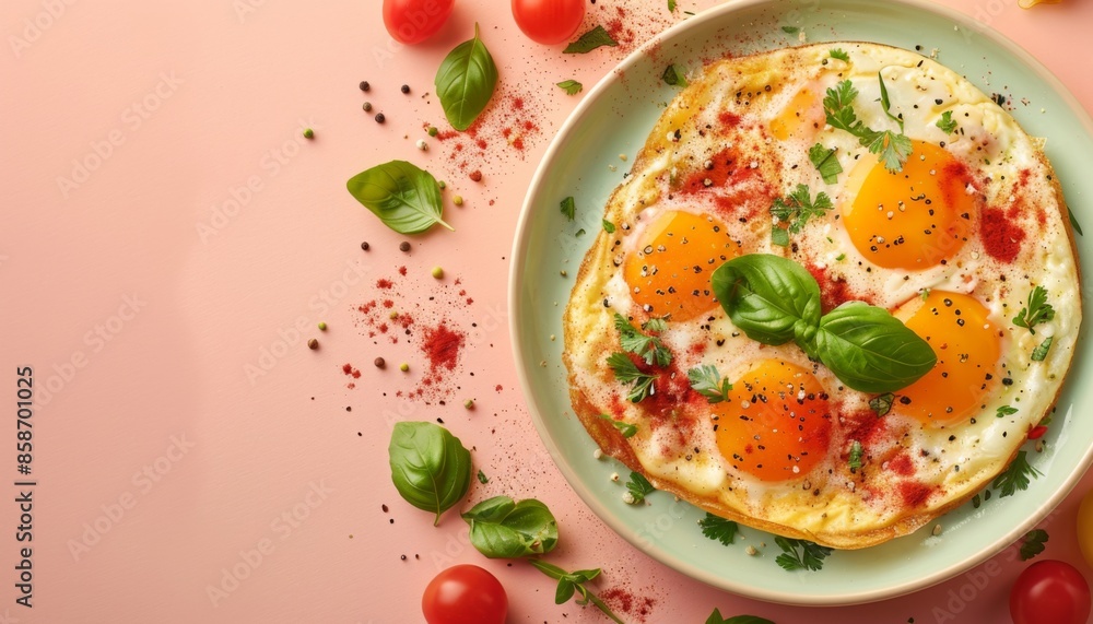 Omelette on pastel background with space above for text Omelette on pastel background with space above for text