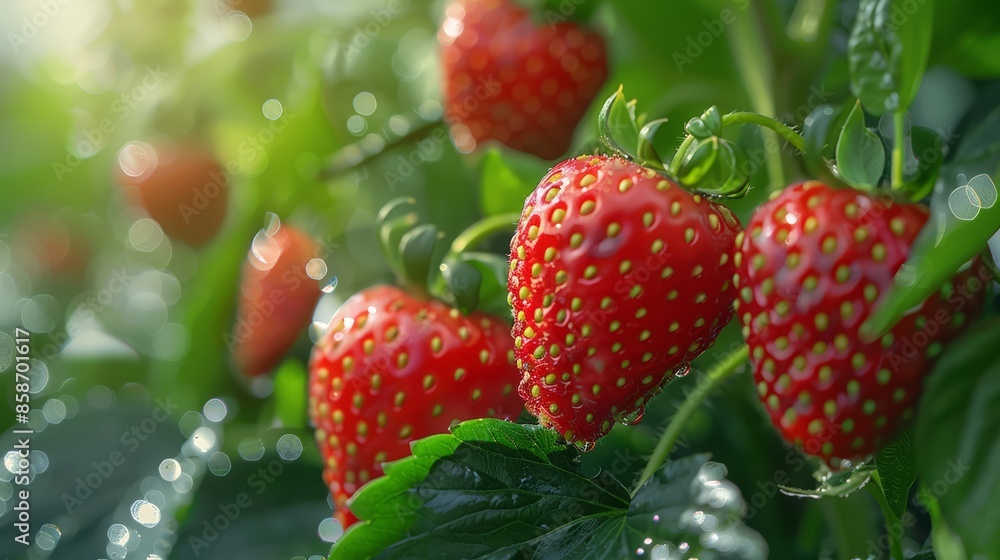 Close-up of Fresh Dew-Glazed Strawberries in Lush Green Garden Under Natural Sunlight Close-up of Fresh Dew-Glazed Strawberries in Lush Green Garden Under Natural Sunlight