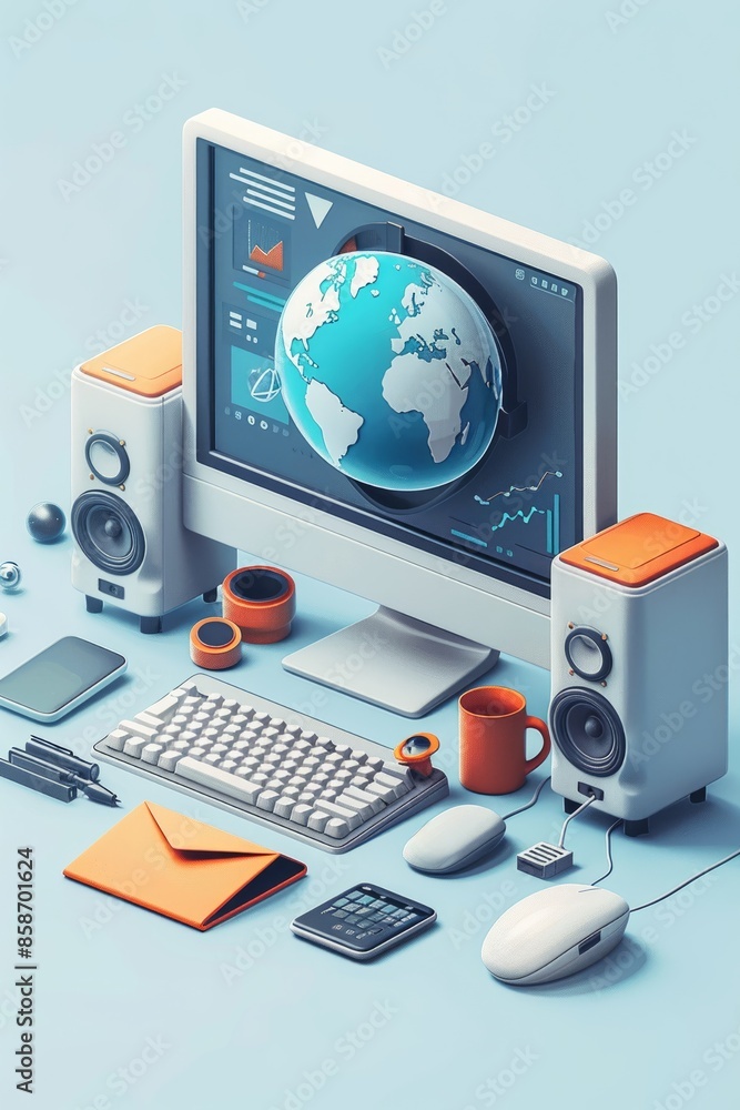 Futuristic Workspace with Computer, Globe, and Tech Gadgets in Blue and Orange Futuristic Workspace with Computer, Globe, and Tech Gadgets in Blue and Orange