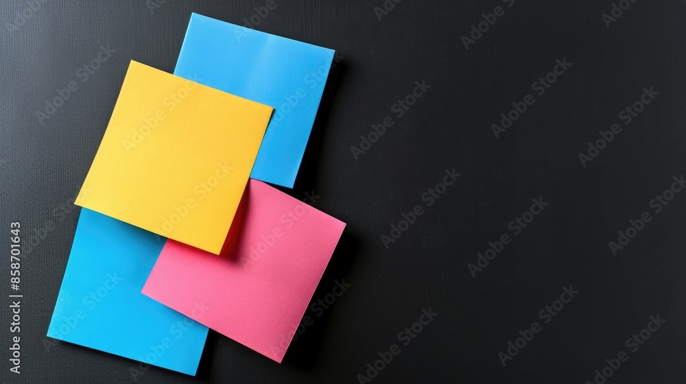Colored note paper on black backdrop with blank area Colored note paper on black backdrop with blank area
