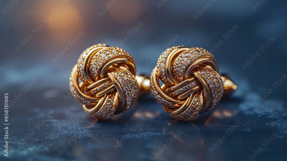 Elegant Gold Diamond Knot Earrings on Reflective Surface Elegant Gold Diamond Knot Earrings on Reflective Surface