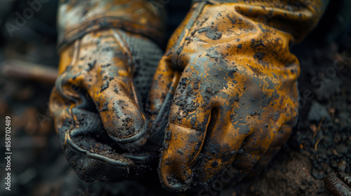 A pair of dirty work gloves are shown in a close up