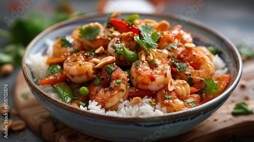 Spicy Shrimp Stir Fry with Rice and Vegetables in Ceramic Bowl photo