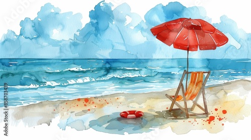 a beach scene clipart, seaside element, watercolor illustration, bright and cheerful