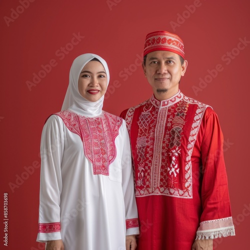 photo of an Indonesian male and female couple wearing red and white clothes with a single color background - generative ai