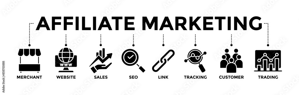 Affiliate marketing banner icons set. Vector graphic glyph style with icon of merchant, website, sales, seo, link, tracking, customer, and trading Affiliate marketing banner icons set. Vector graphic glyph style with icon of merchant, website, sales, seo, link, tracking, customer, and trading
