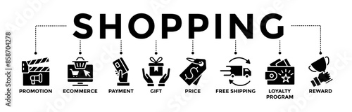 Shopping banner icons set. Vector graphic glyph style with icon of promotion, ecommerce, payment, gift, price, free shipping, loyalty, and reward	