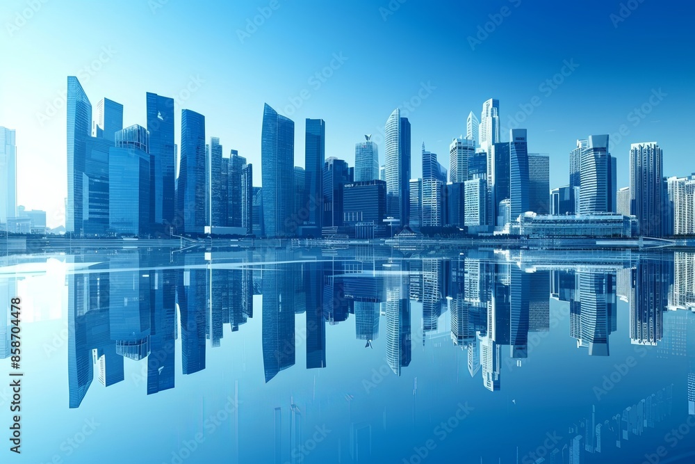 Modern city skyline with skyscrappers and reflection created with Generative AI Modern city skyline with skyscrappers and reflection created with Generative AI