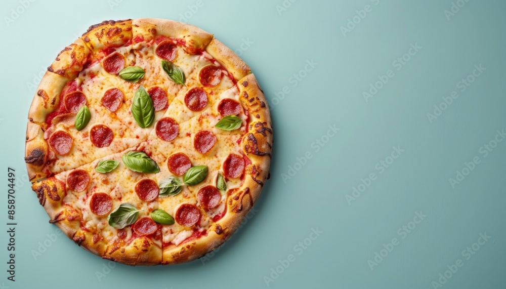 Pizza on pastel background with space above for text Pizza on pastel background with space above for text